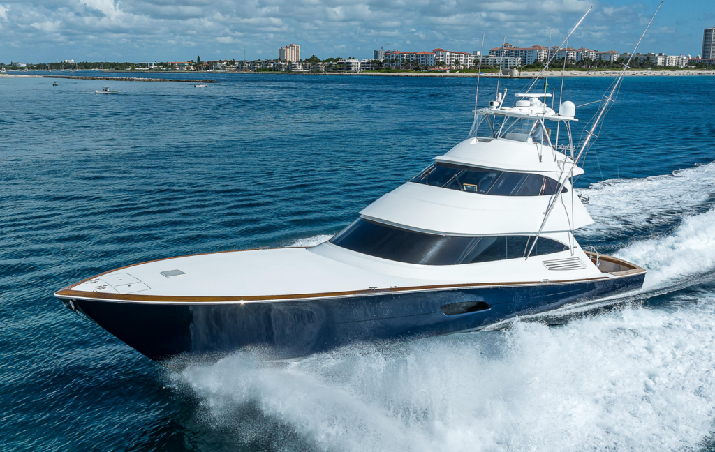 picture of a Viking brand sky bridge villa yacht in the water 